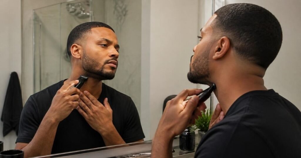 Man using a hair trimmer to touch up the neckline of his low taper fade at home