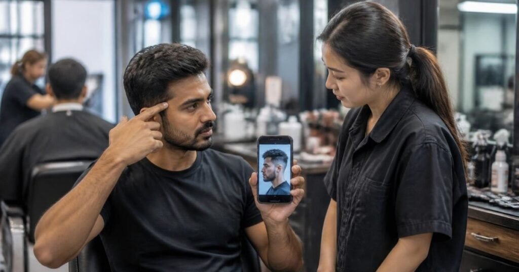 Client showing a reference photo on his phone to a barber before getting a high fade haircut
