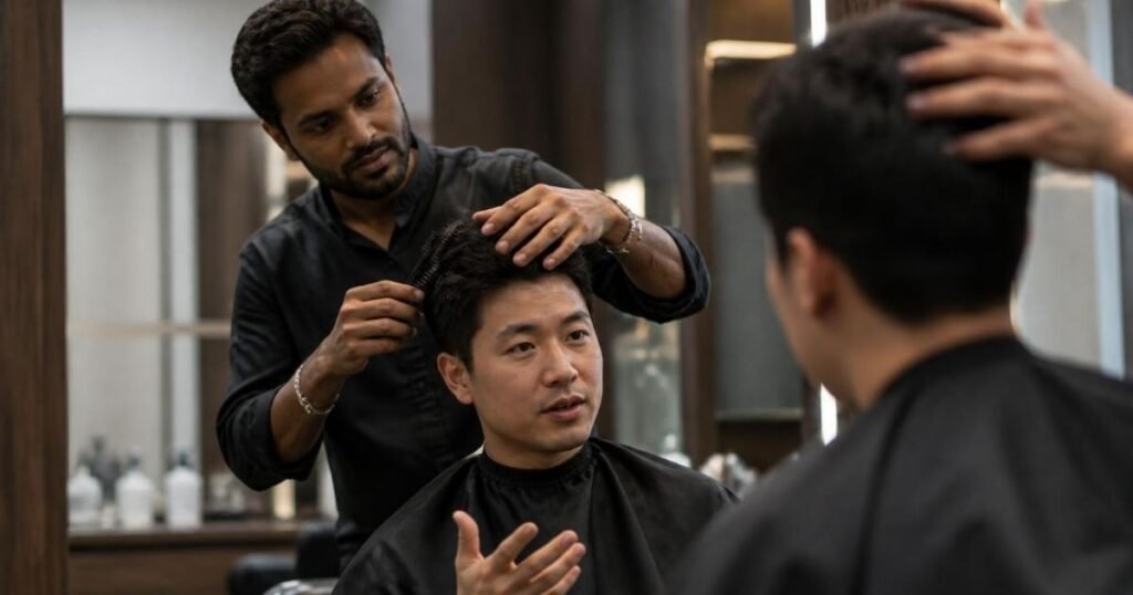 A barber consulting with a client to determine the right burst fade based on hair type and preferences