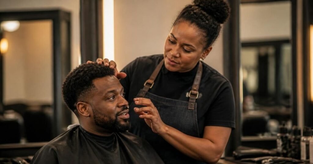 A barber consulting with a client before starting a fade haircut