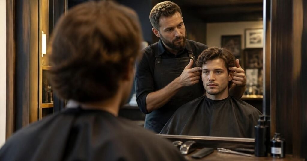 Barber and client discussing haircut options during a consultation before a taper or fade haircut