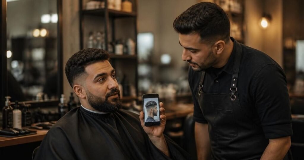 Client showing a reference photo on his phone to a barber before getting a low taper fade