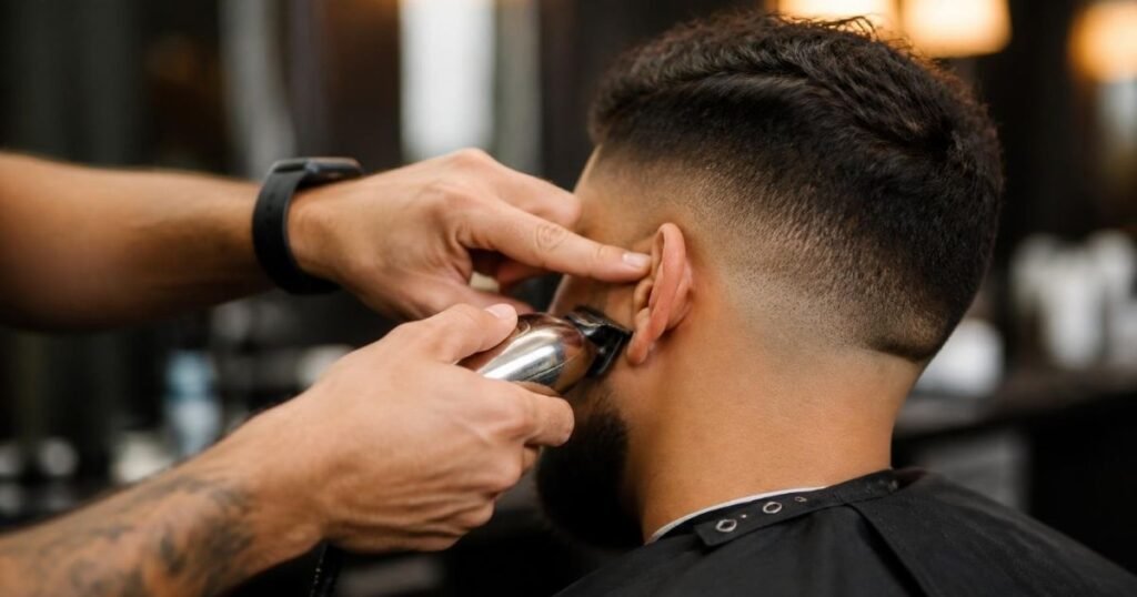 A barber trimming the neckline of a client's burst fade haircut during a maintenance touch-up