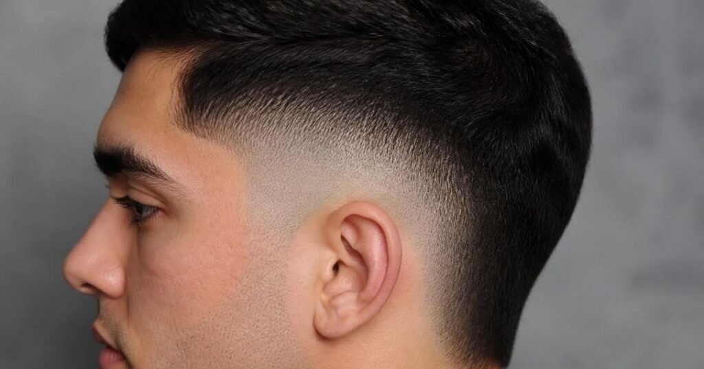 Close-up side profile of a burst fade haircut showing the curved fade shape around the ear