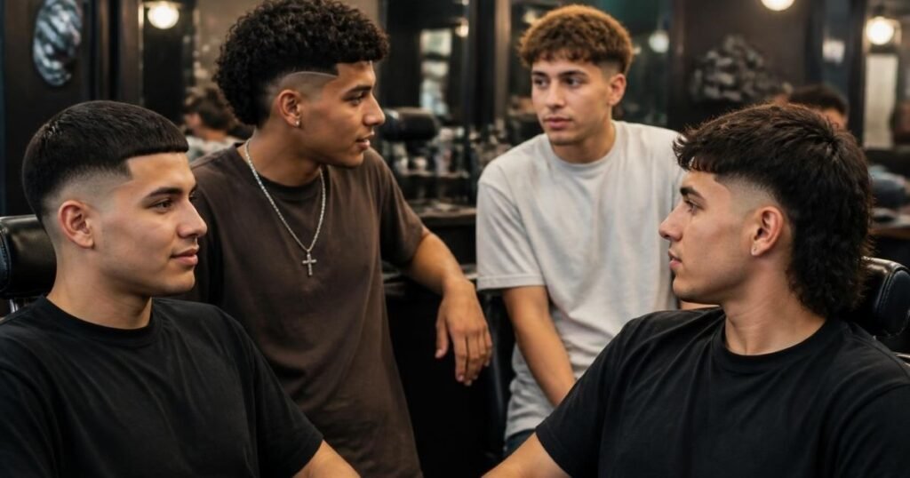 Several men with different burst fade haircut variations standing together in a barbershop setting