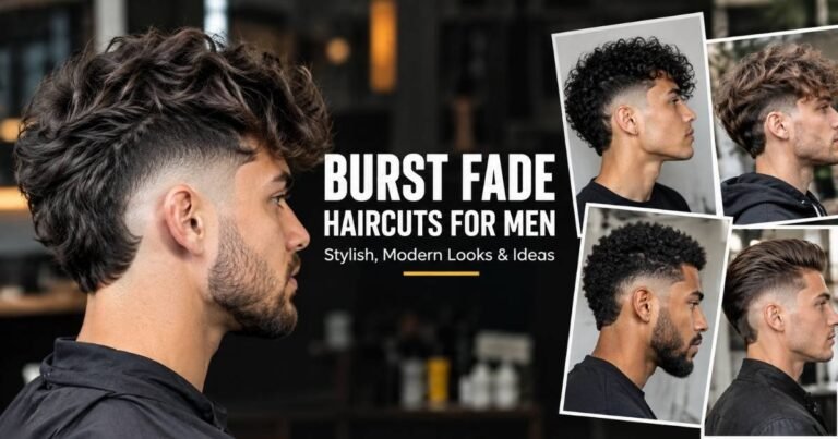 Burst fade haircuts for men featuring a curved fade around the ears with textured, curly, wavy, and slicked-back hairstyle variations.