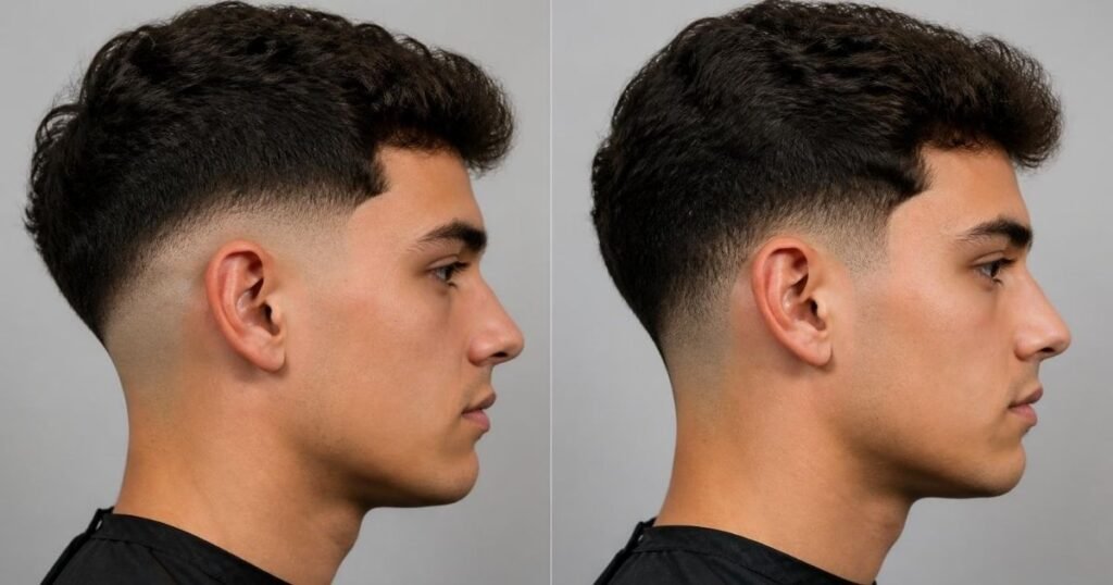 Side-by-side comparison of a burst fade haircut and a drop fade haircut showing the difference in fade shape