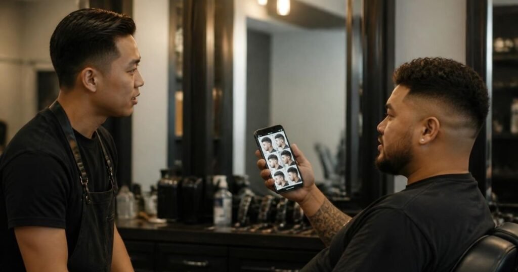 Man consulting with a barber while looking at hairstyle reference photos to choose a low fade haircut