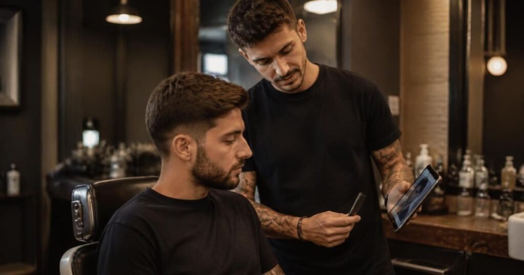 Barber consulting with a client about hair type and face shape before a mid fade haircut