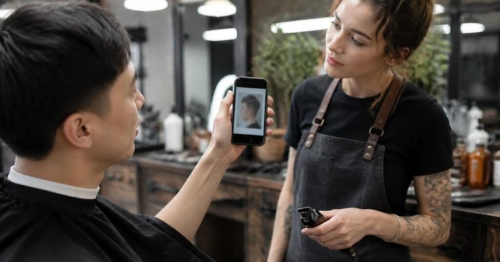Client showing a reference photo on a phone to a barber before getting a taper or fade haircut