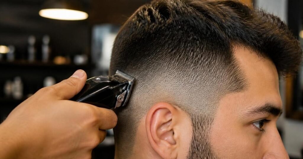 Barber using clippers to blend hair from short to long, showing how a fade haircut transitions gradually