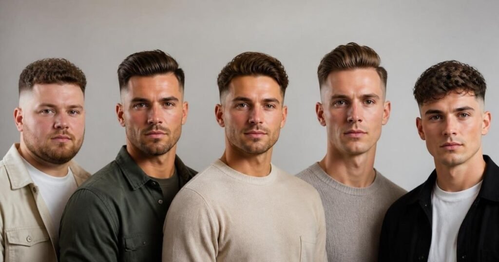 Several men with different face shapes each wearing a fade haircut suited to their features