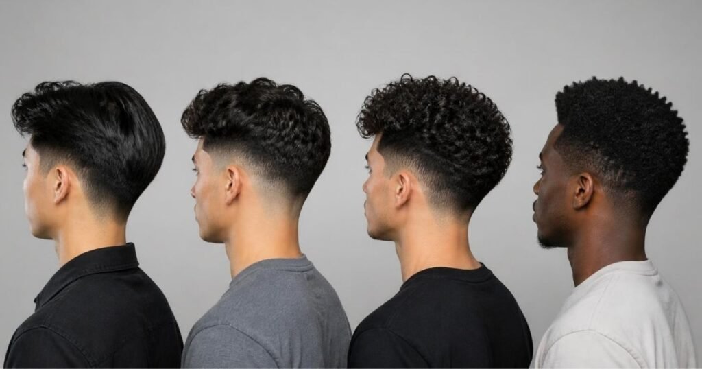 Men with straight, wavy, curly, and coily hair each styled with a fade haircut