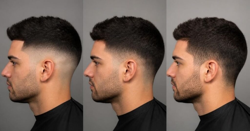 Three stages of a fade haircut showing freshly cut, two weeks grown out, and needing a touch-up