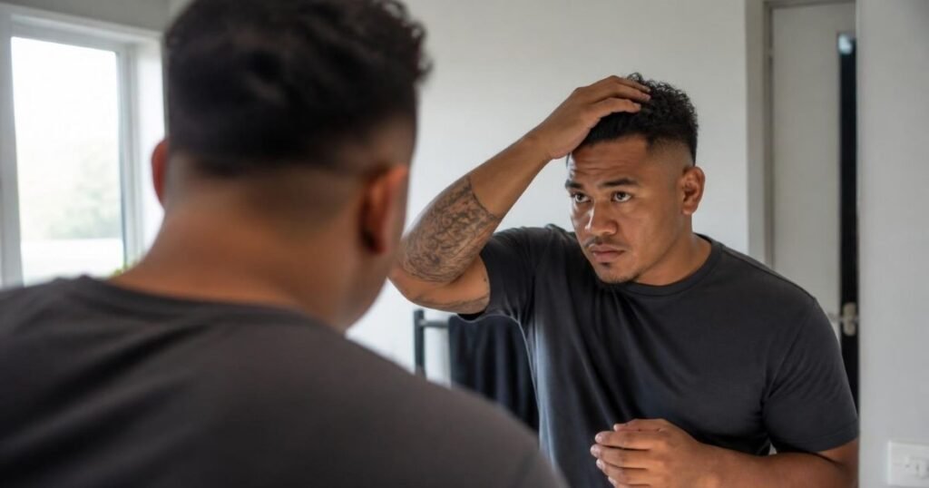 A man with a low-maintenance fade haircut getting ready in the morning
