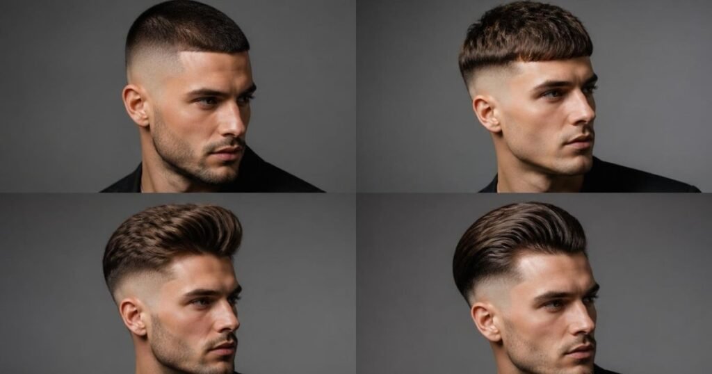 Collage of fade haircuts paired with different top styles like a quiff, pompadour, and textured crop