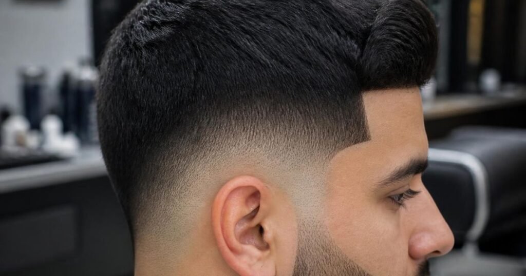 Close-up of a fade haircut showing a sharp, high-contrast transition down to the skin near the hairline