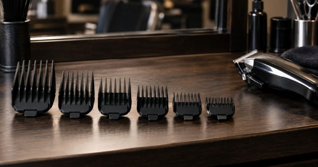 Set of clipper guards of different sizes arranged on a barbershop counter, representing the range of fade heights and finishes