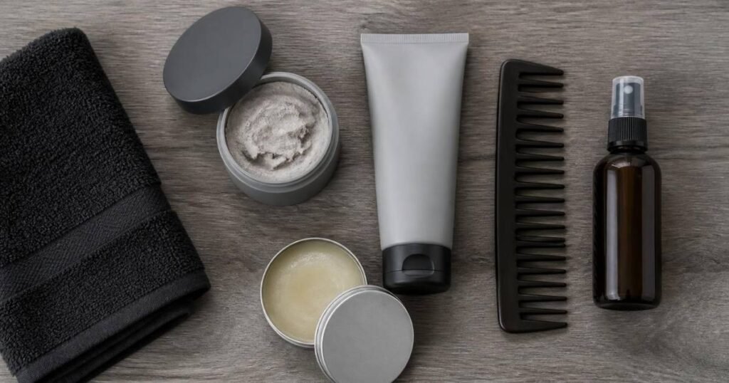 Flat lay of grooming products including clay, pomade, and sea salt spray used for styling a burst fade