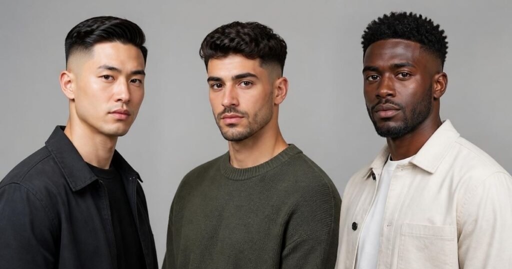 Three men with different hair textures — straight, wavy, and curly — each wearing a high fade haircut
