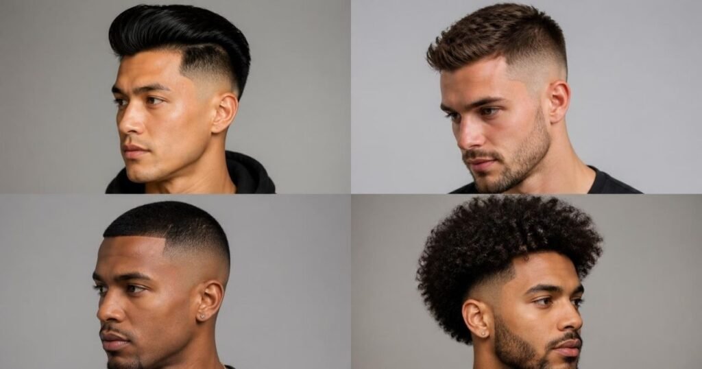 Collage of different high fade haircut styles for 2026, including a pompadour, textured crop, and buzz cut