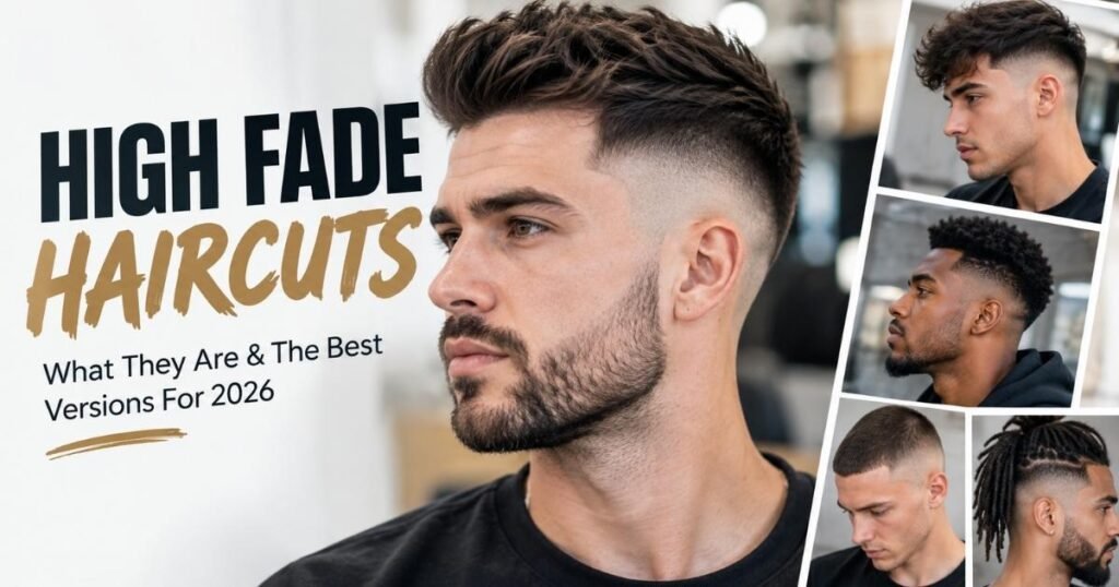 High fade haircuts featuring a modern textured high fade, buzz cut, curly crop, crew cut, and locs styles for men in 2026.