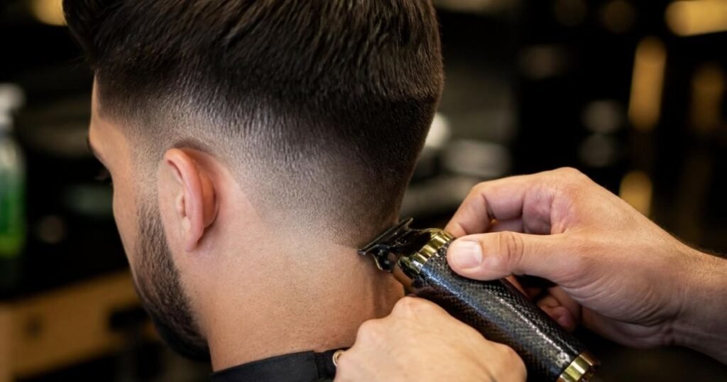 Barber trimming the neckline of a client's high fade haircut to keep the fade line sharp