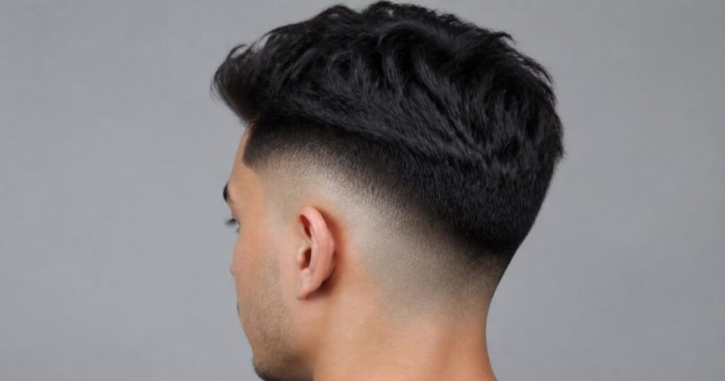 Back and side view of a man's high fade haircut showing the fade starting above the temple