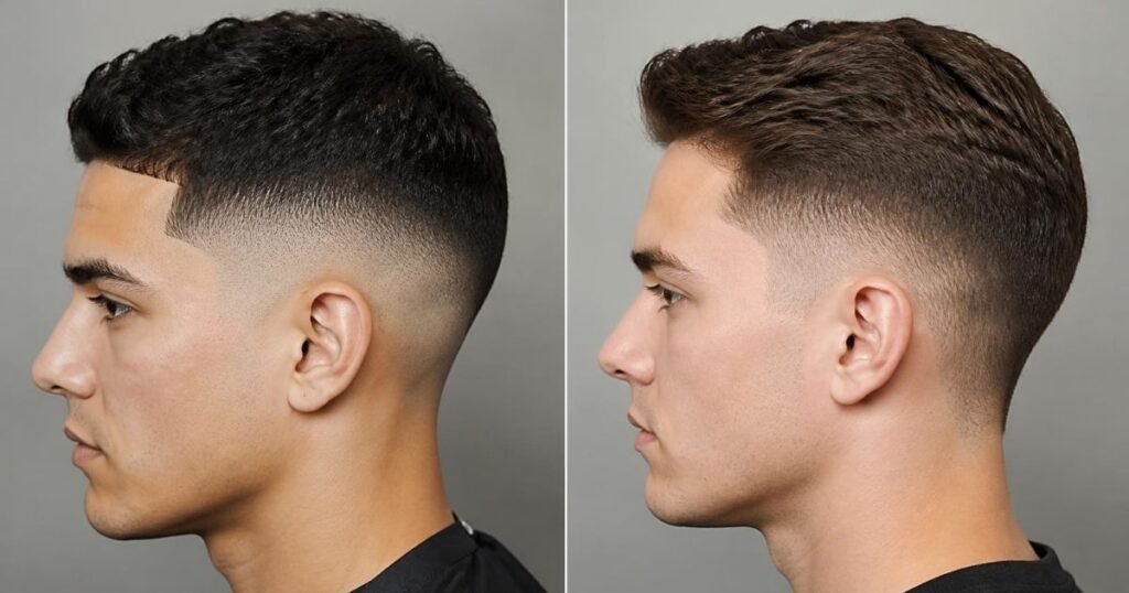 Side-by-side comparison of a high fade haircut and a high taper haircut showing the contrast difference