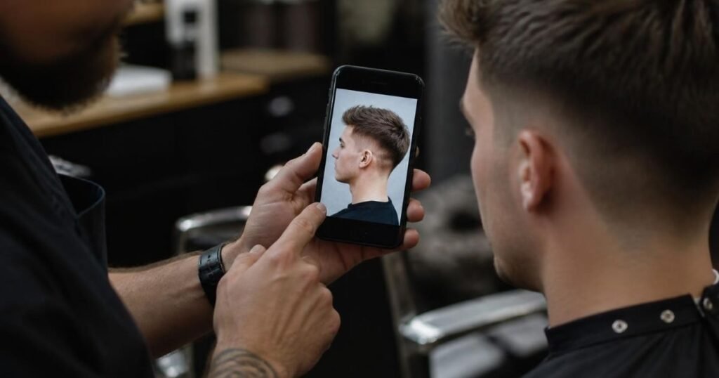Client showing a reference photo on a phone to a barber before getting a low fade haircut