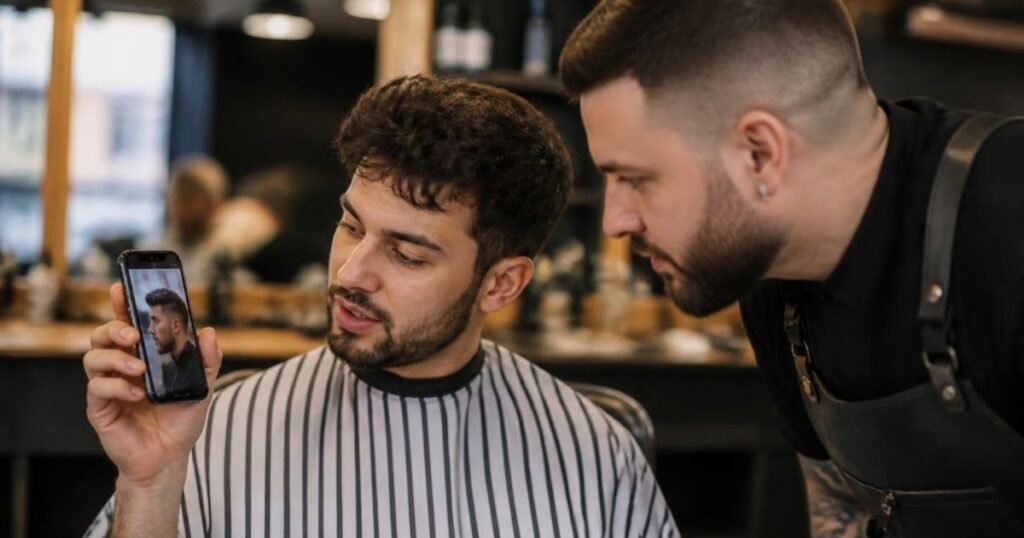 Client showing a reference photo on his phone to his barber to communicate the skin fade haircut he wants