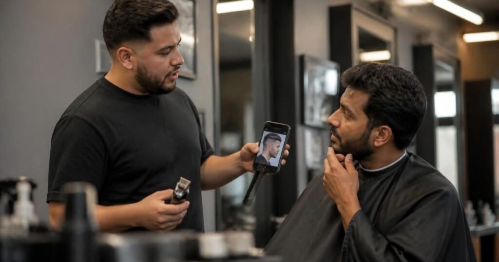Barber and client looking at a reference photo together while discussing which skin fade to choose