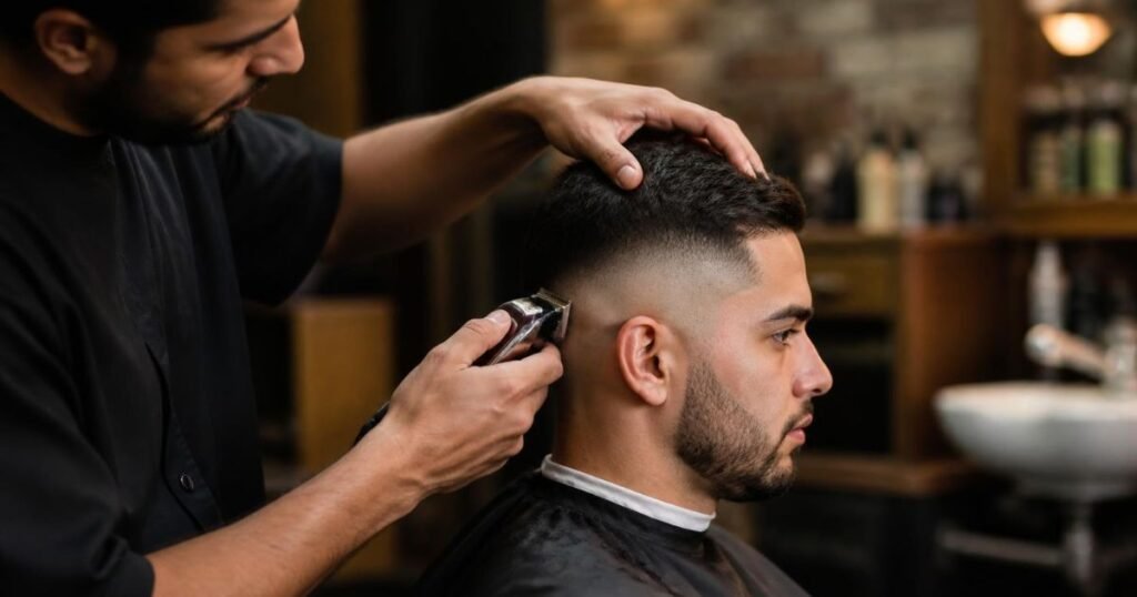 Man with a mid fade haircut getting a touch-up trim at the barbershop
