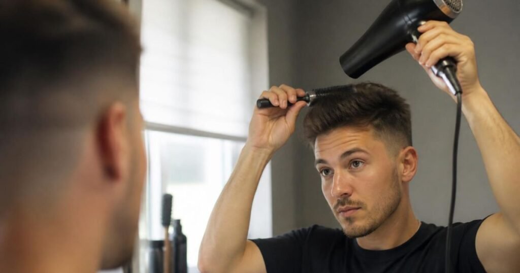 Man blow-drying and styling his mid fade haircut with a round brush