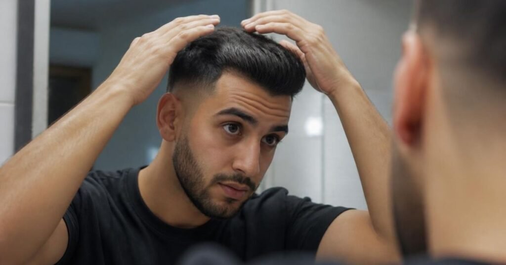 Man applying styling product to the top of his hair above a skin fade haircut in front of a mirror