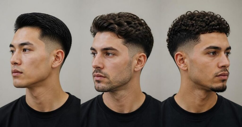 Three men with different hair types and low fade haircuts, representing hair type, face shape, and maintenance considerations