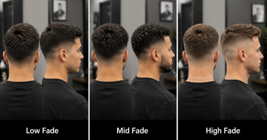Side-by-side comparison of low fade, mid fade, and high fade haircuts showing different fade heights