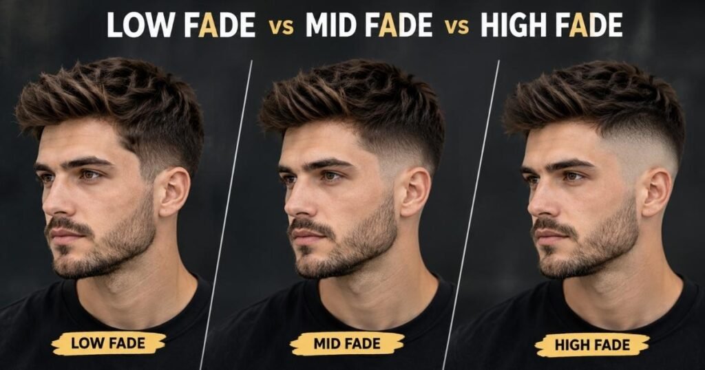 Low fade vs mid fade vs high fade haircut comparison showing the different fade heights on the sides of the same men’s hairstyle.