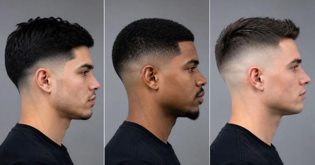 Side-by-side comparison of three haircuts showing a low fade, a mid fade, and a high fade
