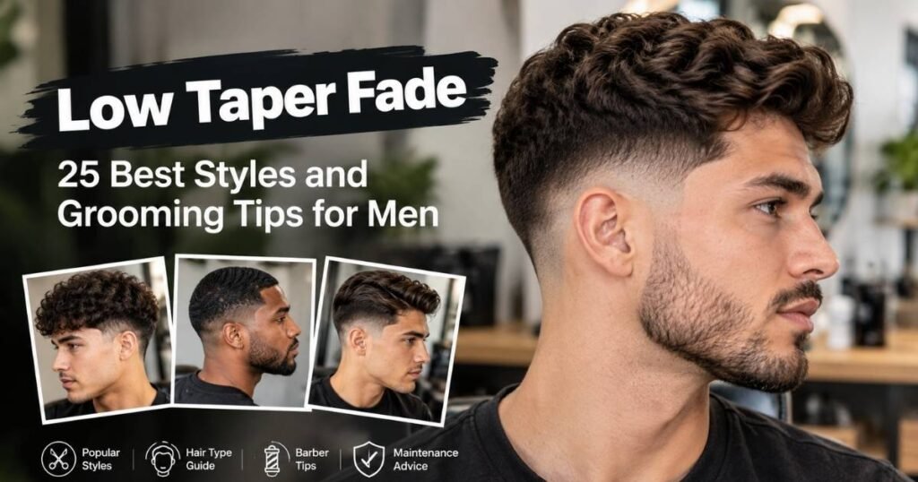 Low taper fade haircut with textured top and beard, featuring 25 men's style ideas and grooming tips