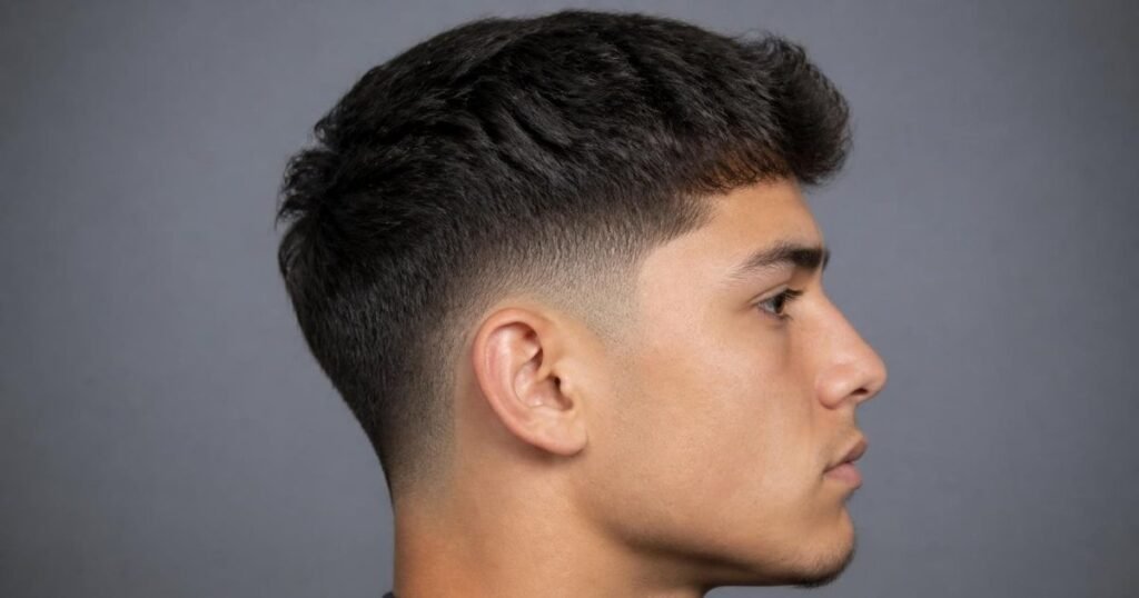 Side profile of a man's low taper fade haircut showing where the fade begins near the ear