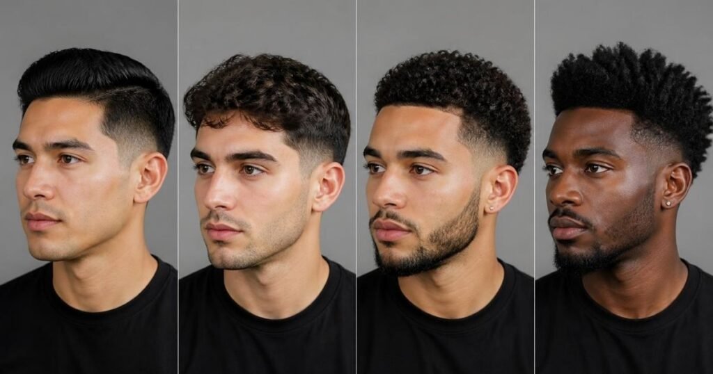 Four men with different hair textures — straight, wavy, curly, and coily — each wearing a low taper fade