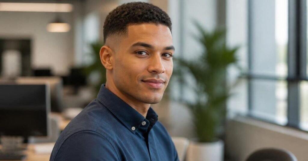 Man with a low taper fade haircut in a professional office setting