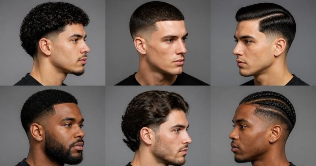 Grid of multiple low taper fade hairstyle variations showing different top styles and textures