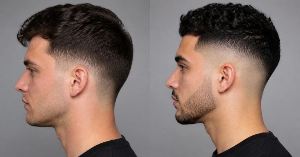 Side-by-side comparison of a low taper fade and a high taper fade showing different fade starting points