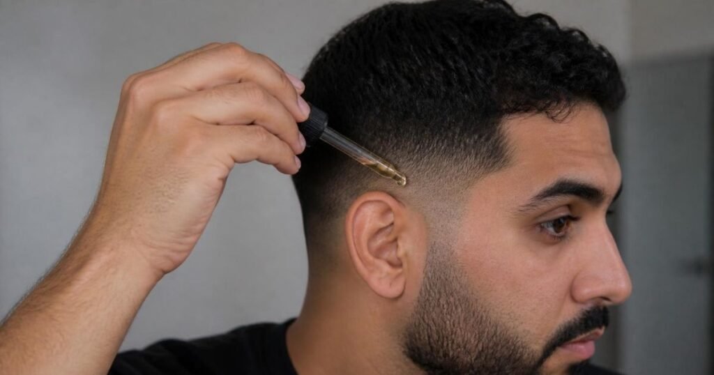 Man applying scalp oil and caring for his low fade haircut between barber visits