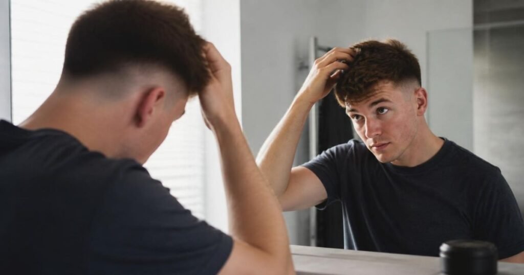 A man applying styling product to a burst fade haircut in front of a bathroom mirror