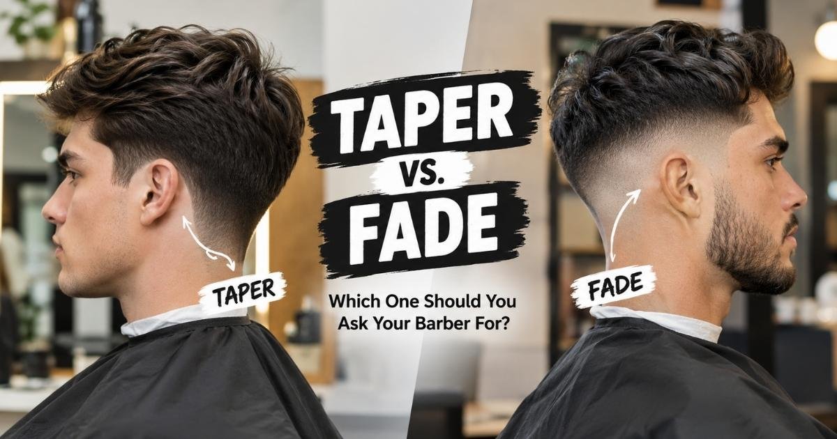 Taper vs fade haircut comparison showing the difference between a subtle taper and a higher skin fade on men