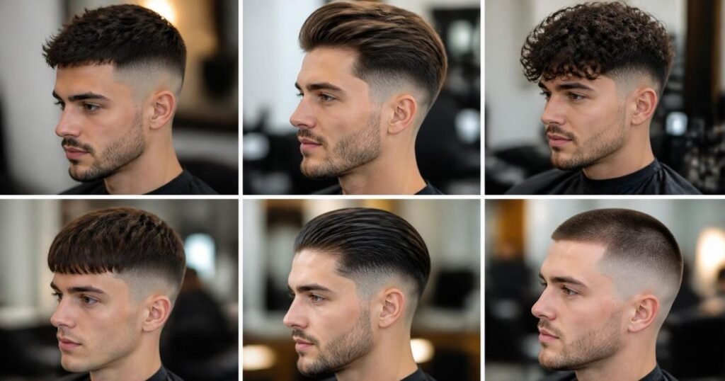 Grid of different mid fade haircut styles for men including textured, long top, and curly variations