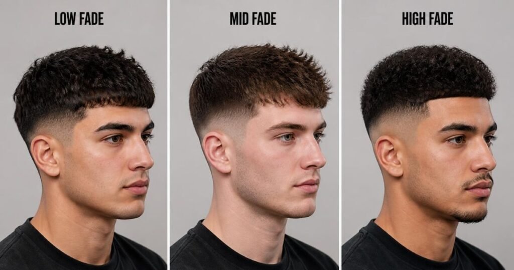 Side-by-side comparison of low fade, mid fade, and high fade haircuts on three men